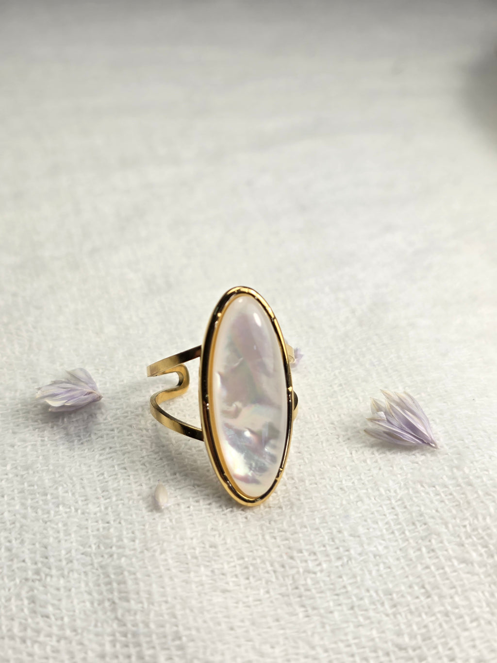 Athéna | Bague pierre blanche nacrée en acier inoxydable