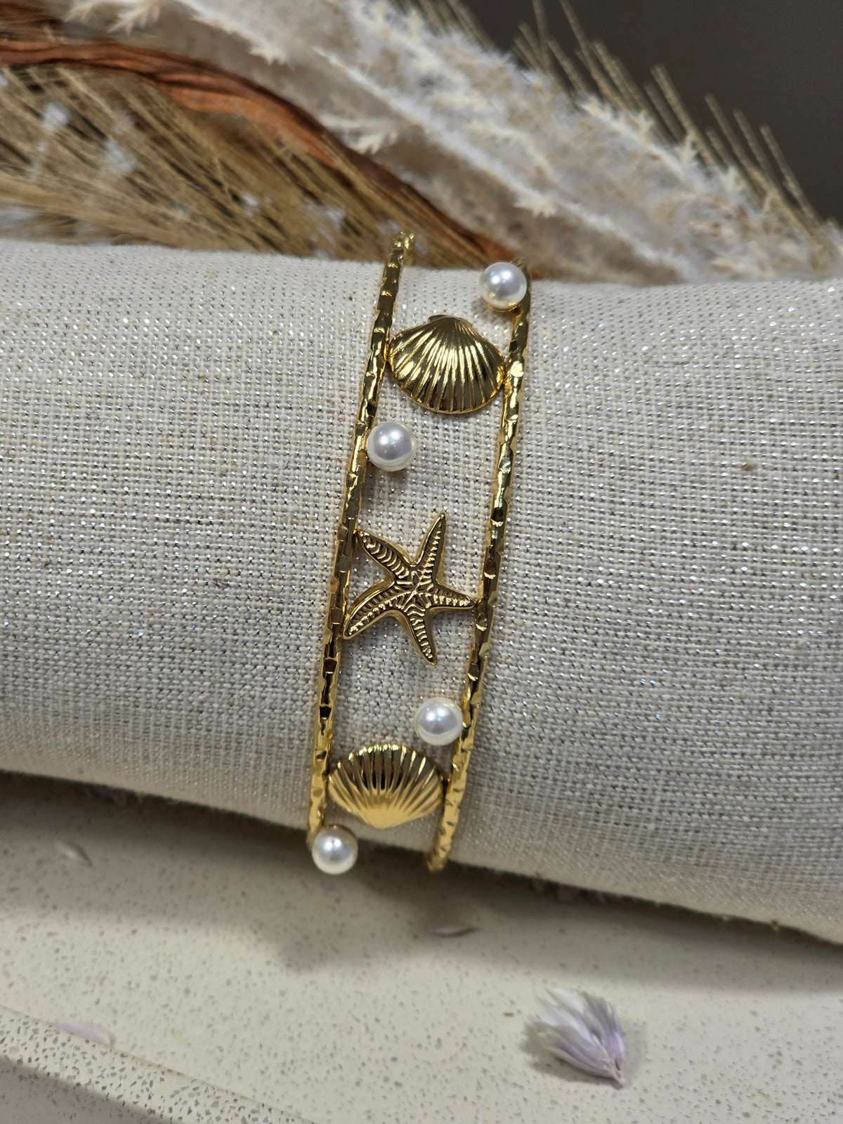Jonc Astrée doré étoile de mer coquillages perles