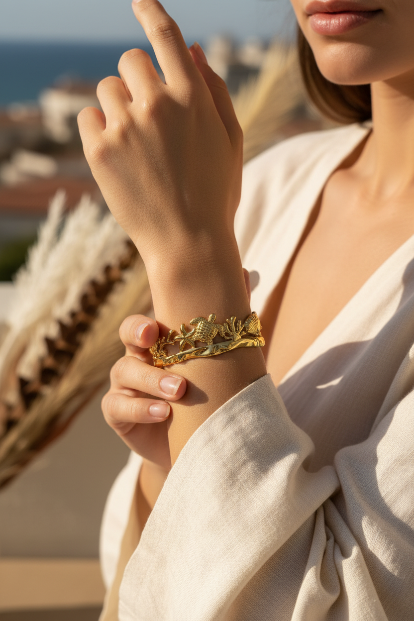 Tropical | Jonc tortue, palmier et coquillage en acier inoxydable